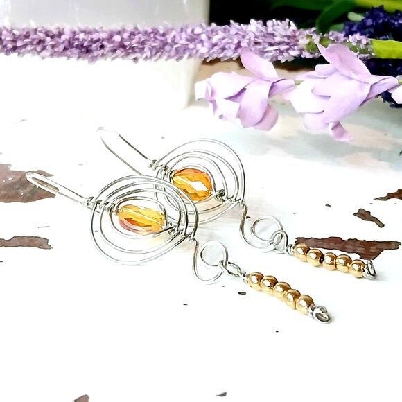 Boho Style Beaded Dangle Earrings, Wire Wrapped Glass, OOAK Statement Chic - Picture 8 of 9